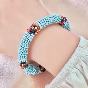 Lily and Laura Turquoise BlueHandcrafted Nepal Glass Seed Bead Roll On Bracelet